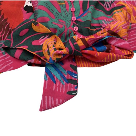 Joie Cropped Blouse Tropical Button up Vibrant Parrots Print Pink Red Green - Picture 4 of 9